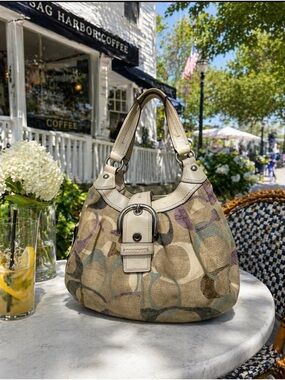 Coach Beige Signature Canvas Shoulder Bag with Leather Trim